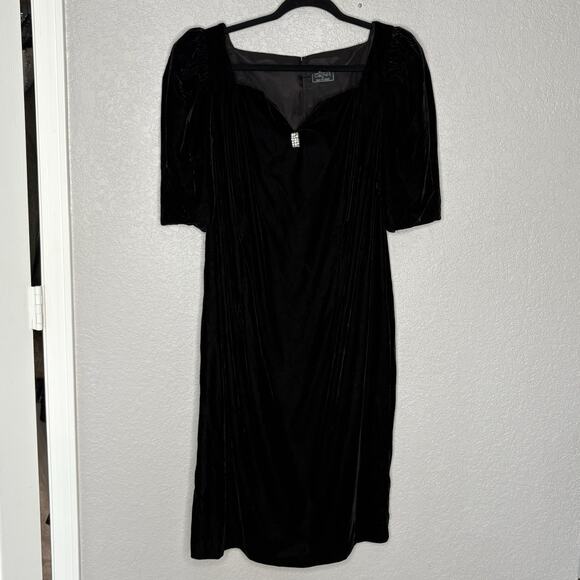 Vtg 80's Cachet Sheath Dress Velvet Rhinestone Puff Sleeve Fairy Grunge Sz 16 - Picture 2 of 5